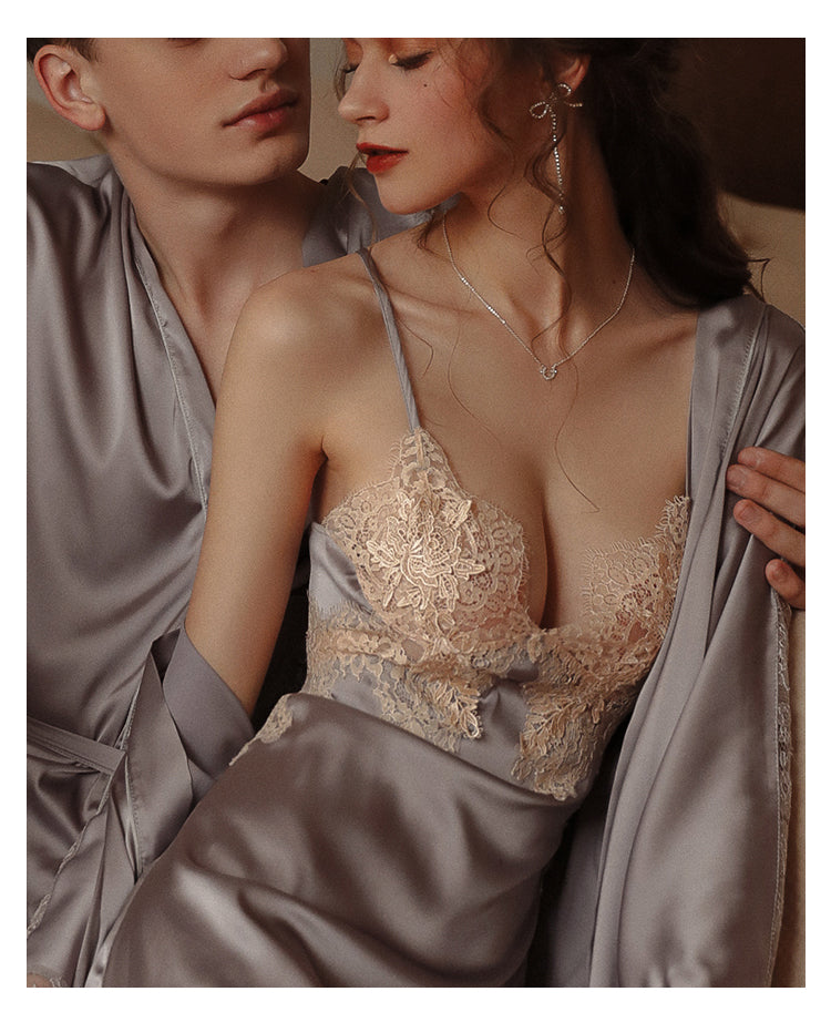 Sexy Pajamas Women Summer Ice Silk Thin Lace Suspenders Nightdress Suit Flirting Temptation