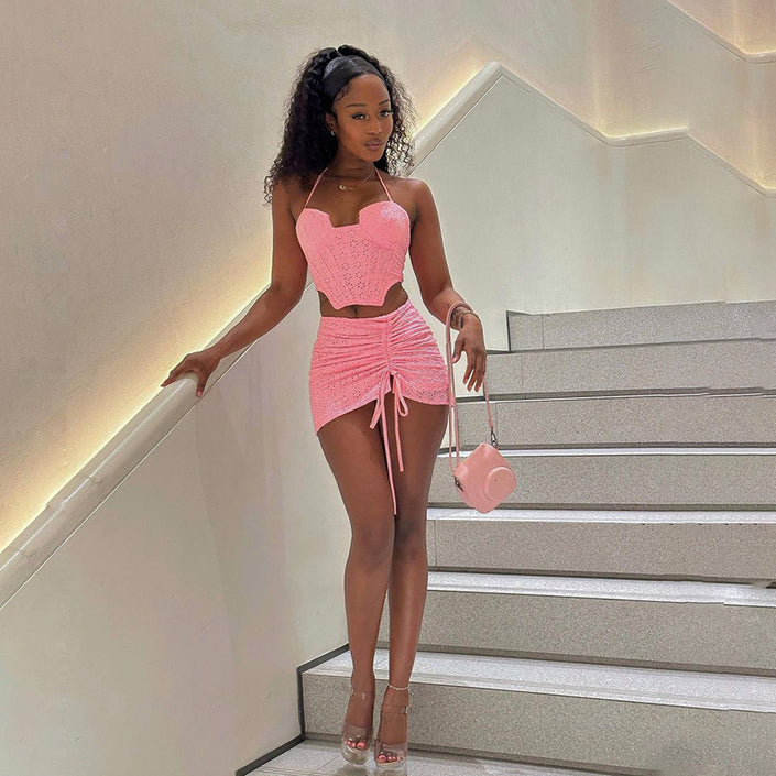 High Waisted Drawstring Pleated Skirt Two-piece Set