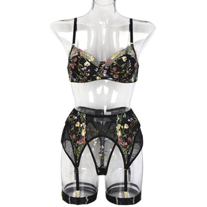 Three-piece Summer New Embroidered Flower Vine Fashion Underwear Set