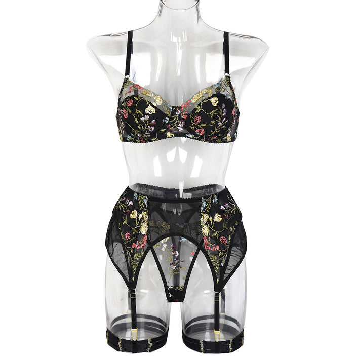 Three-piece Summer New Embroidered Flower Vine Fashion Underwear Set