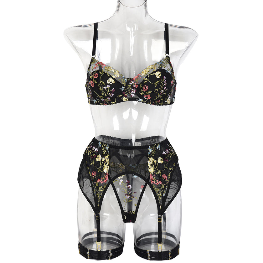Three-piece Summer New Embroidered Flower Vine Fashion Underwear Set