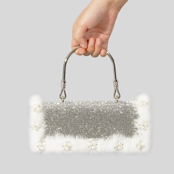 Ostrich Fur Pearl Rhinestone Bag Women's New