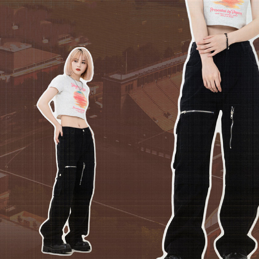 Multi-pocket Workwear jean Loose Wide Leg Zipper Straight Pants For Men And Women