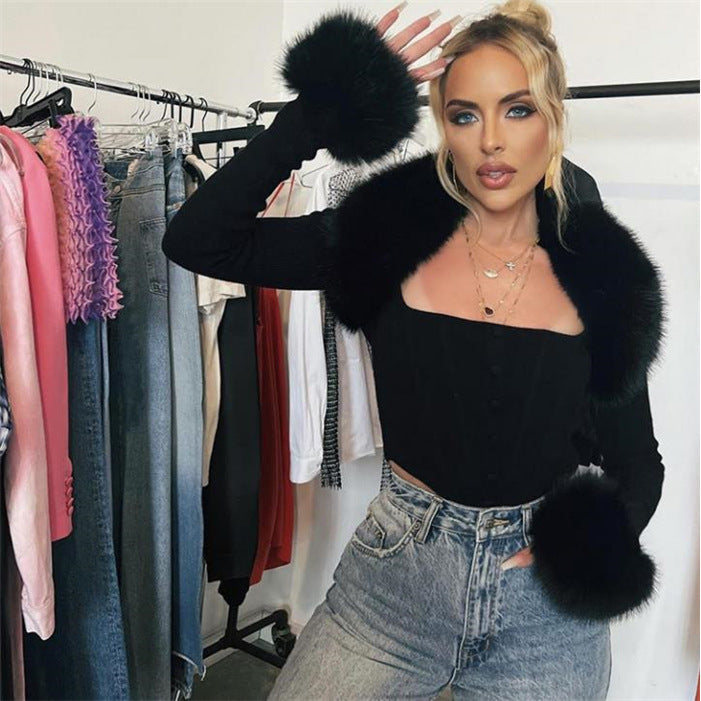 Fashion Fur Collar Knitted Short Cardigan Coat For Women