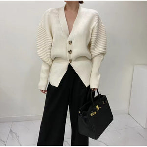 V-neck Loose And Idle Single-breasted Puff Sleeve Cardigan Sweater Coat For Women