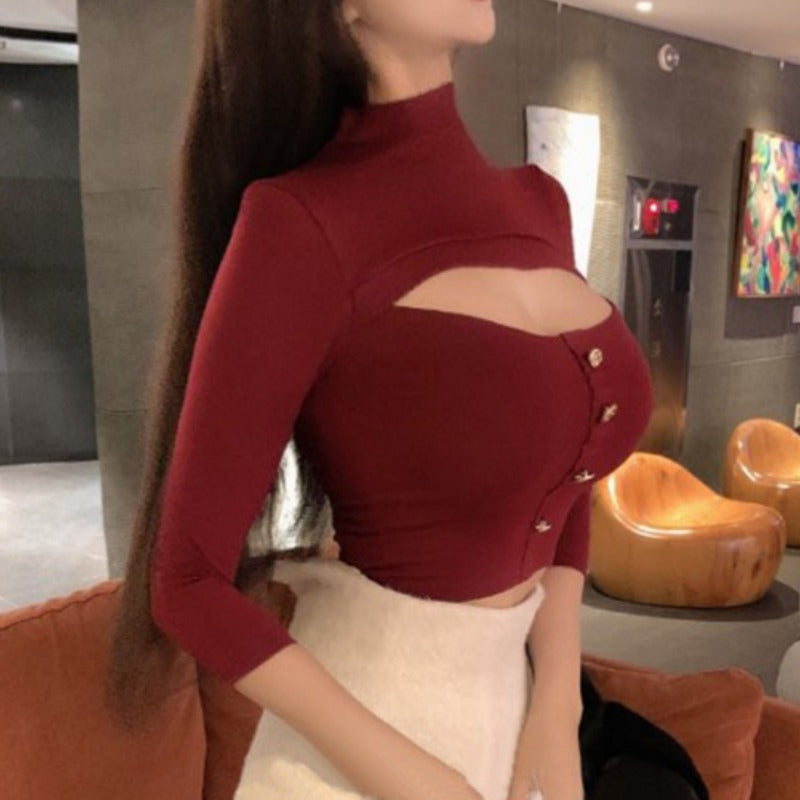Winter New Elegant Slim-fit Hollow-out Slim Fit Short Long Sleeve Top Women