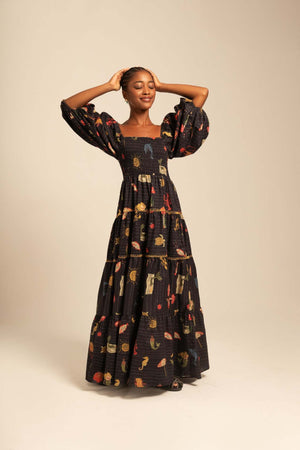 Puff Sleeve Printed Square Collar Swing Long Dress Beach Holiday Dress