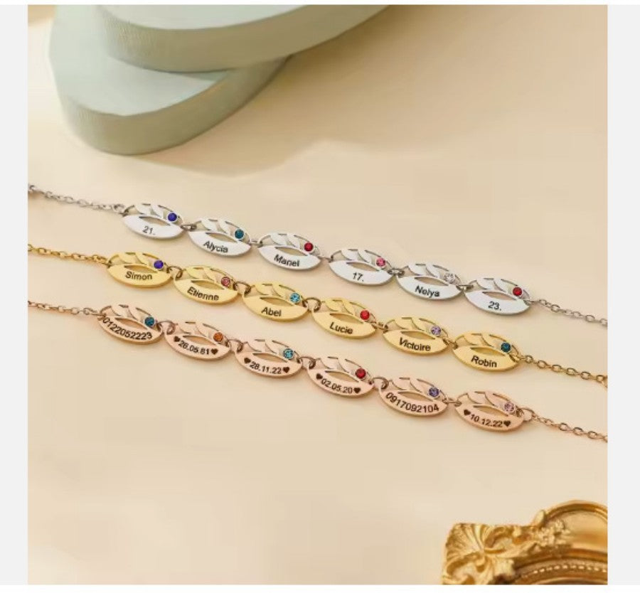 Stainless Steel Hollow Oval Leaf Engraved With Birthstone Bracelet