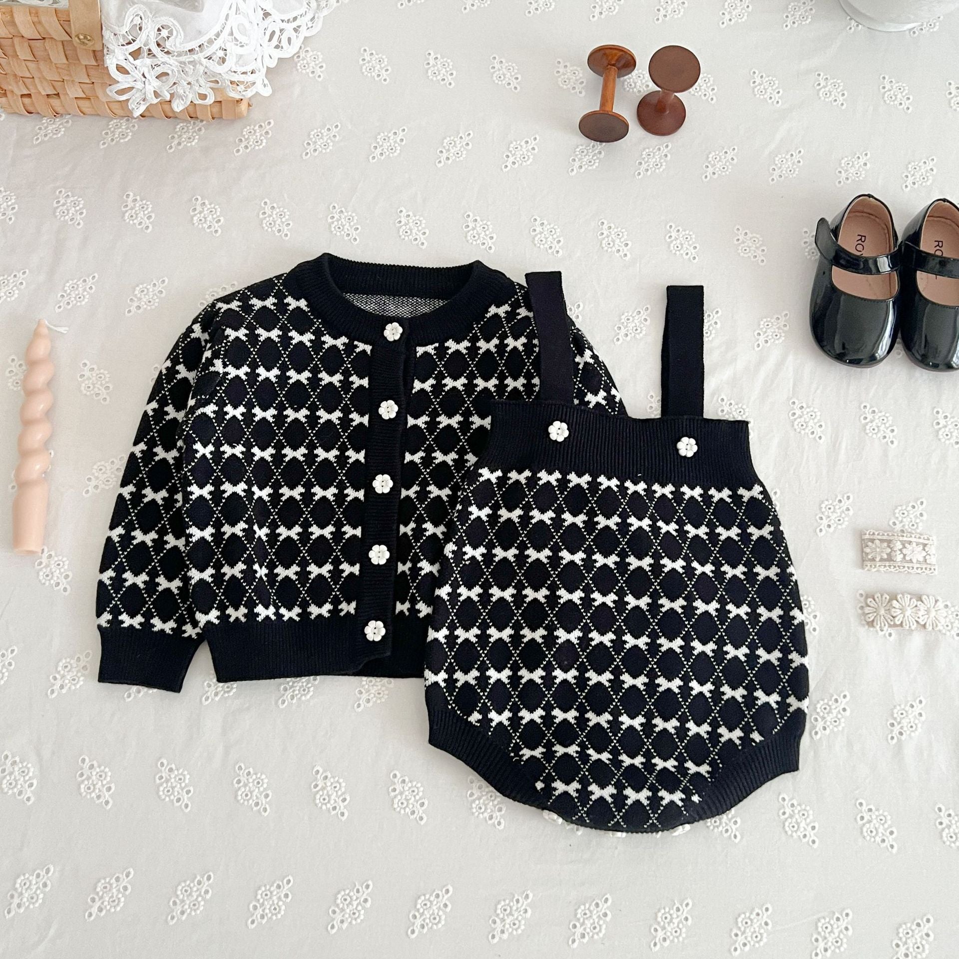 Classic Style Knitted Coat Cardigan Strap Rompers Jumpsuit
