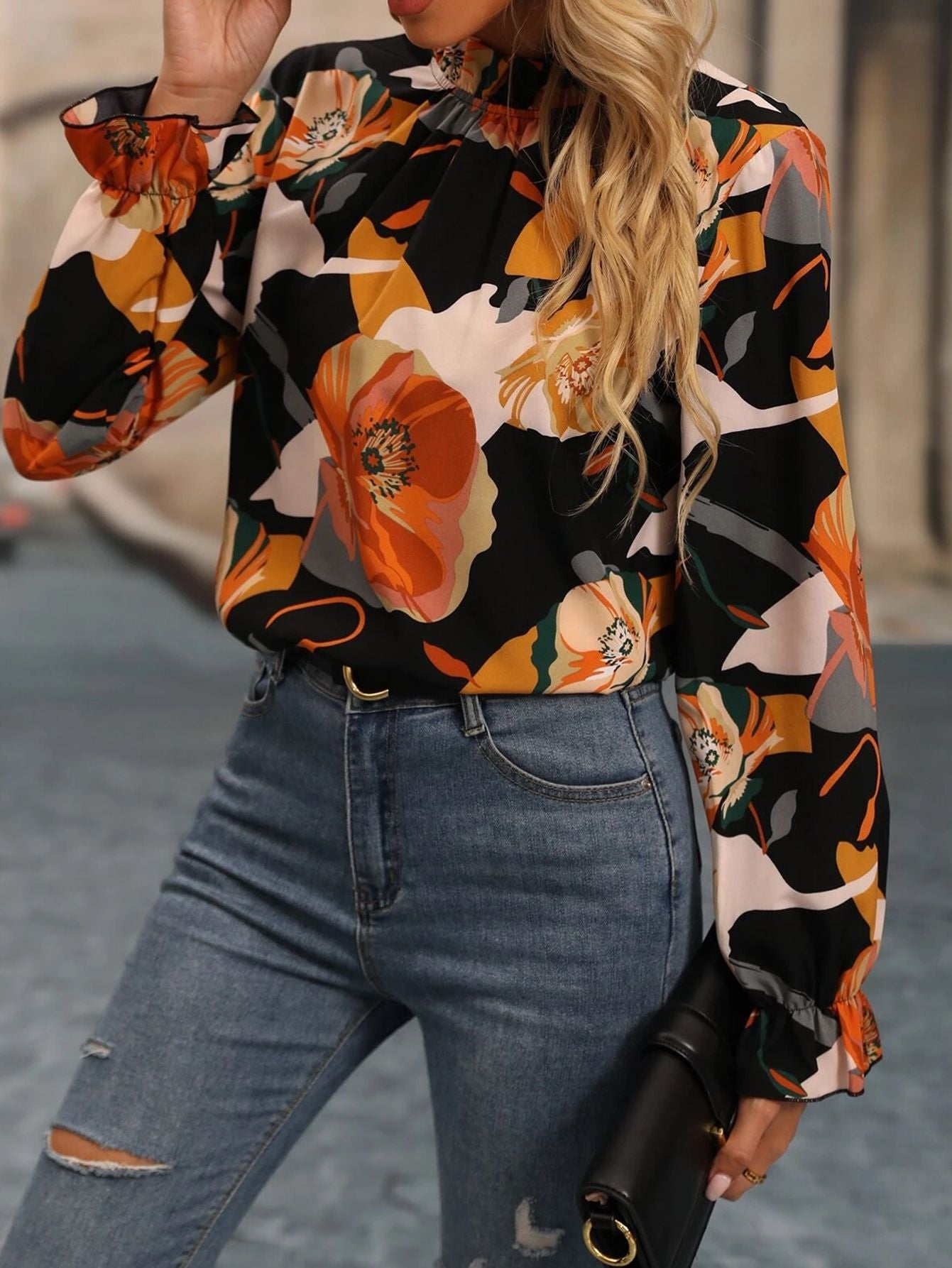 Casual Ruffled Collar Printed Long Sleeve Shirt