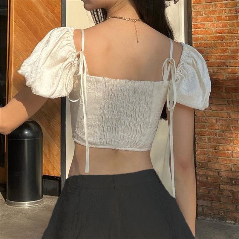 Summer French Style Square Collar Back Bow Puff Short Sleeve Top
