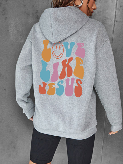 Brushed Hoody Back Letter Printed Kangaroo Pocket Drawstring Printed Hooded Sweater