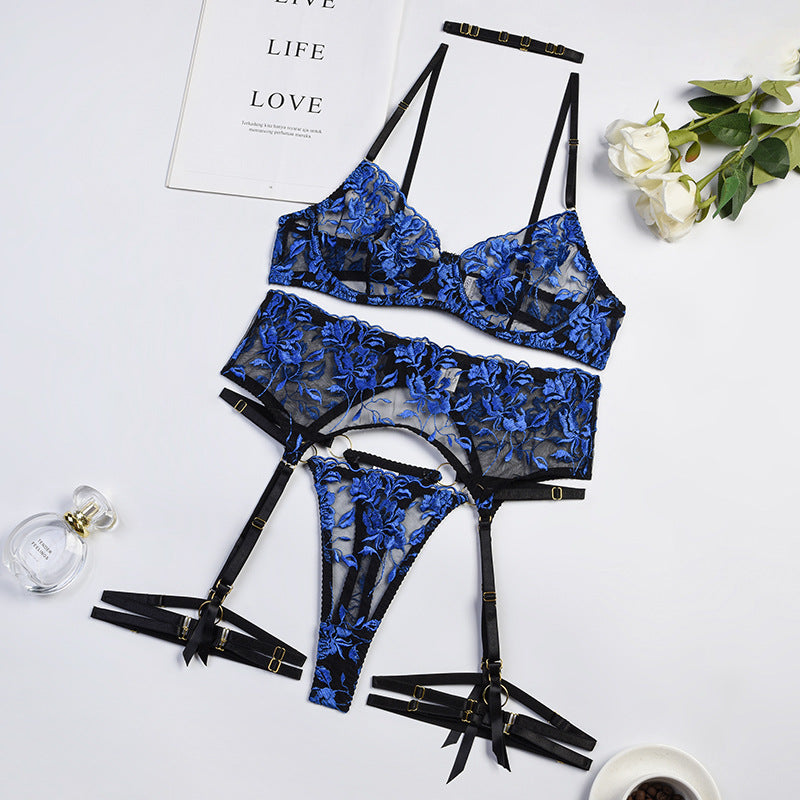 Tulle Flower Embroidered Underwear Bra Set