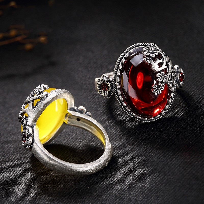 White-plated Gold Pomegranate Red Canary Stone Vintage Plum Blossom Unisex Ring