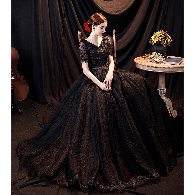 Elegant Black Deep V-neck Evening Long-sleeve Wedding Dress