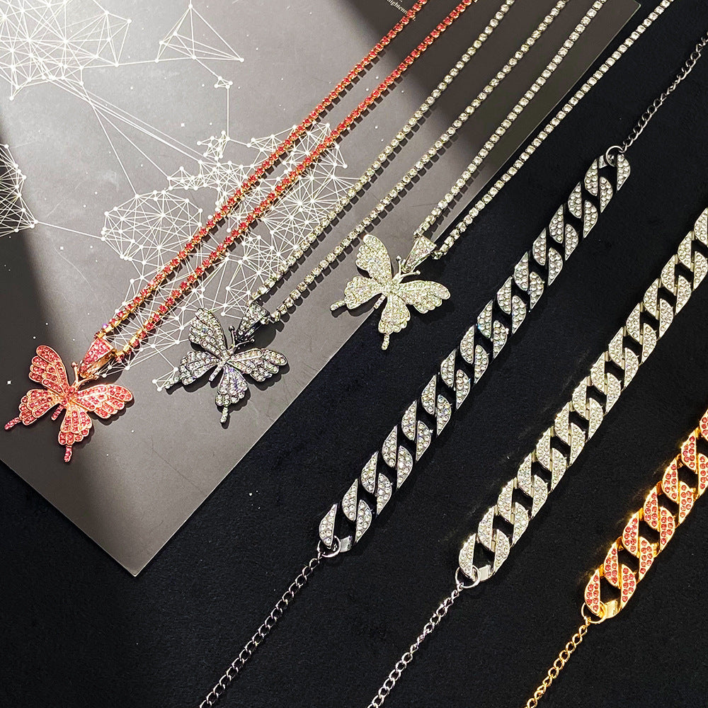 Alpcamers Double Layer Cuban Necklace Full Of Diamonds With Large Butterflies