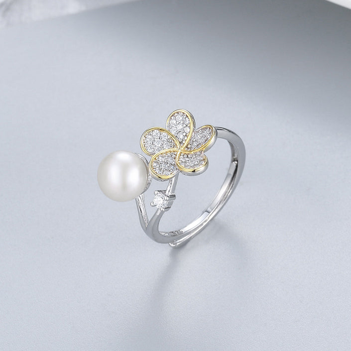 Color Separation Flower Pearl Ring S925 Silver Ring Adjustable