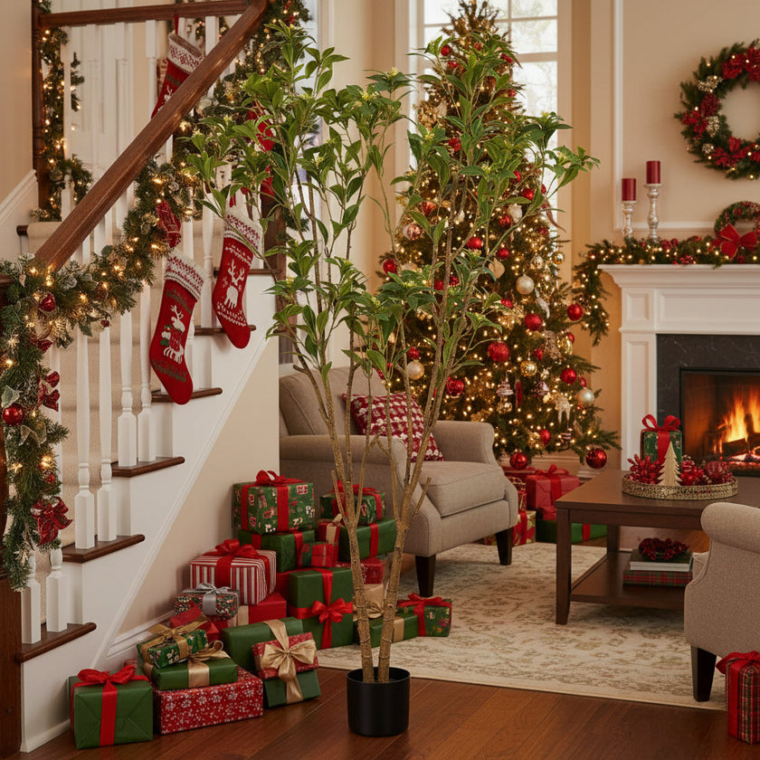 5.2FT Artificial Tree Natural Look Citrus Faux Tree Artificial Floor Plant W Leaves & Flowers For Home Office Patio Decor