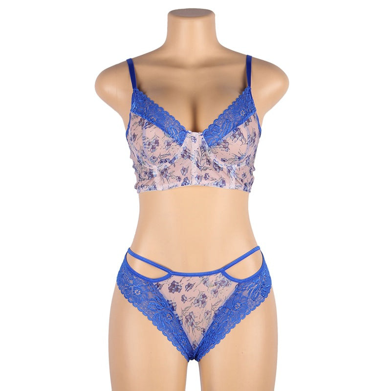Women's Fashion Hollow Tie Blue Flower Bra Set