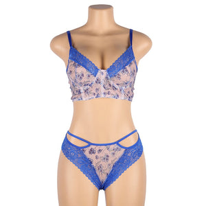 Women's Fashion Hollow Tie Blue Flower Bra Set