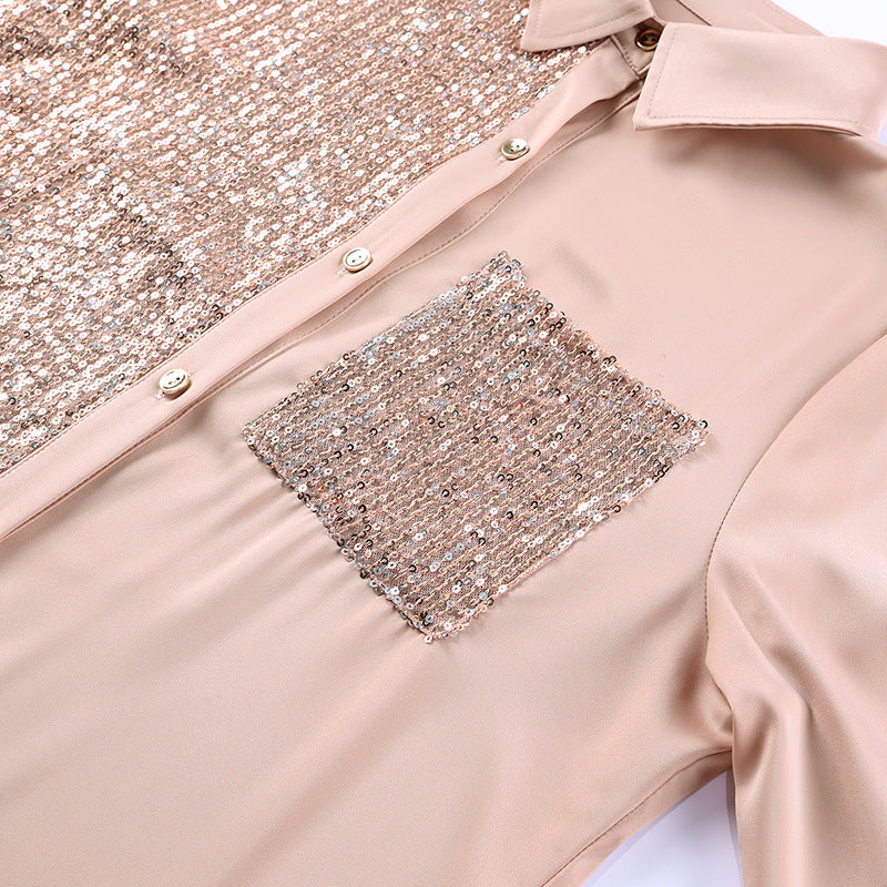 Sequined Pocket Shirt Dress New Long Sleeve Lapel Mid-length Skirt