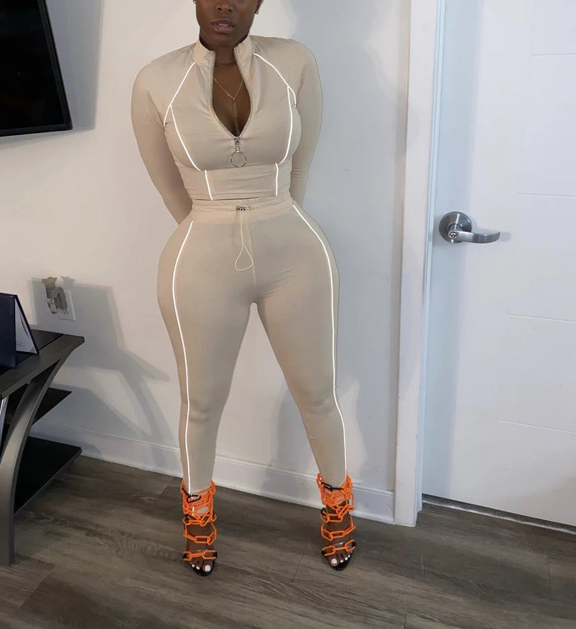 Women 2 Piece Activewear Set Long Sleeve Zip Top Leggings gym