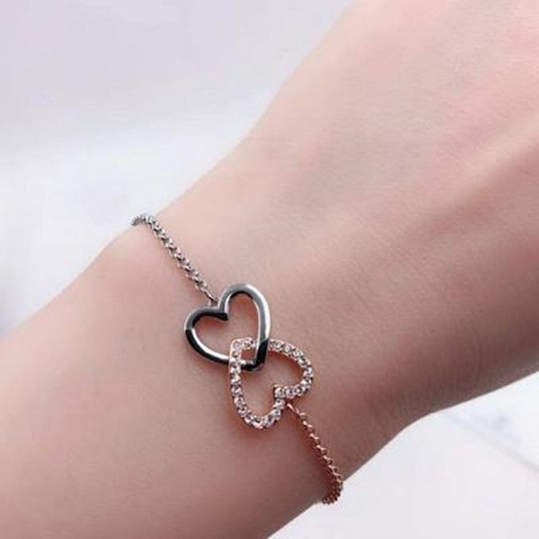 Elegant Romantic Temperament Double Heart Design Clavicle Chain Diamond Love Heart