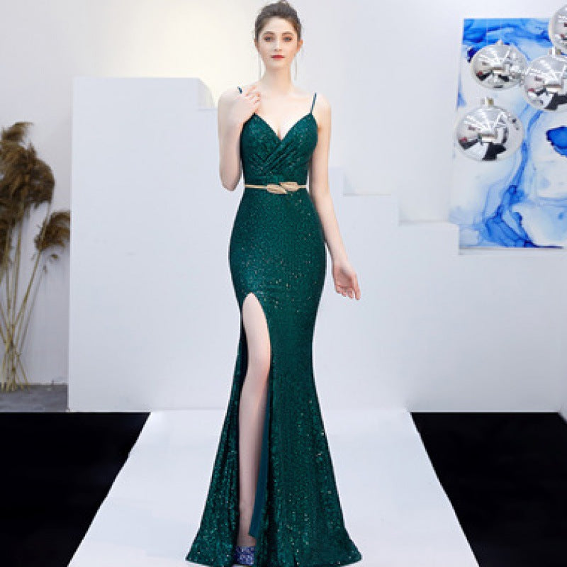 Long Host Deep V Sexy Fishtail Sequined Dress