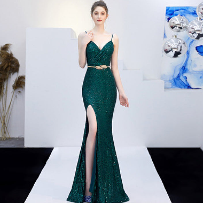 Long Host Deep V Sexy Fishtail Sequined Dress