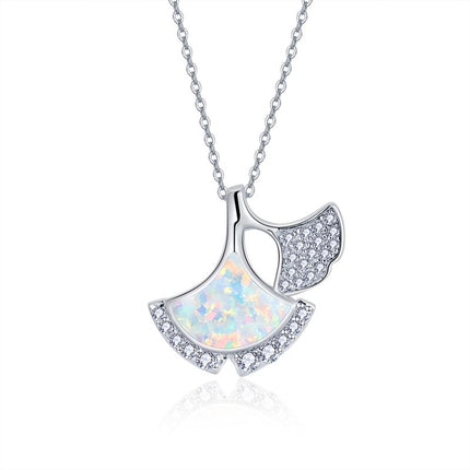 925 Sterling Silver Nature Ginkgo Opal Leaf Pendant Necklace Jewelry