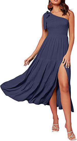 Fashion Women's One-shoulder Pleated Layered Hem Split Dress