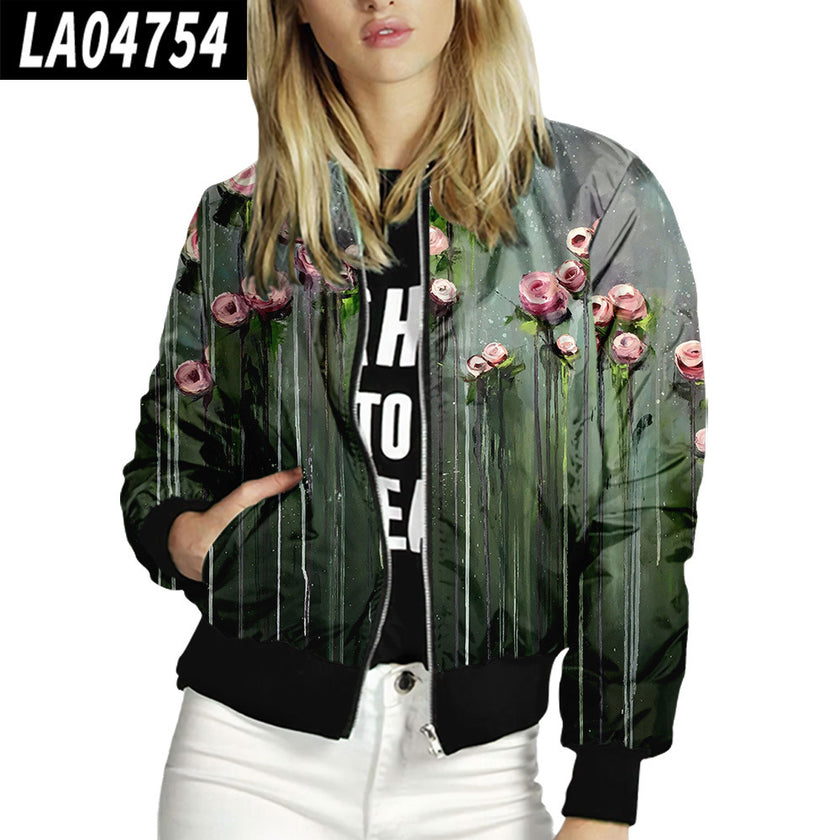 Women Stand Up Collar Baseball Uniform Floral Pattern