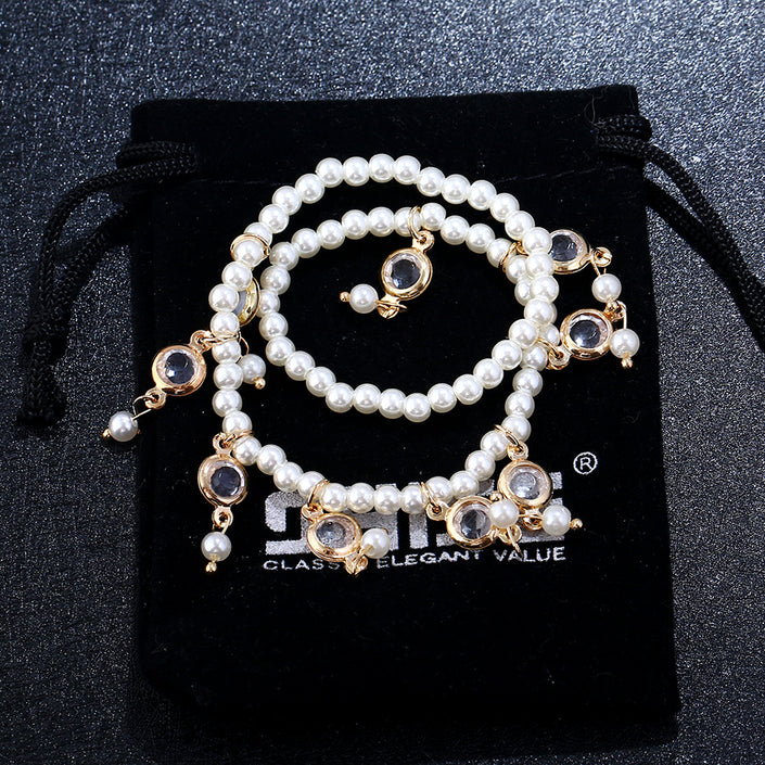 Beach Pearl Crystal Tassel Elastic Anklet