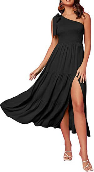 Fashion Women's One-shoulder Pleated Layered Hem Split Dress