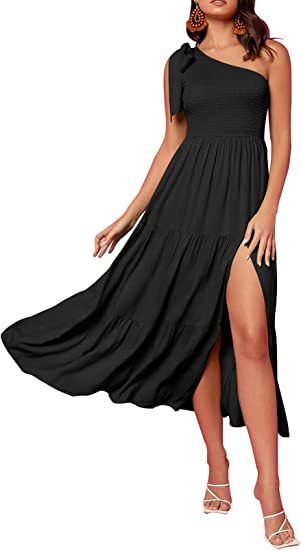 Fashion Women's One-shoulder Pleated Layered Hem Split Dress