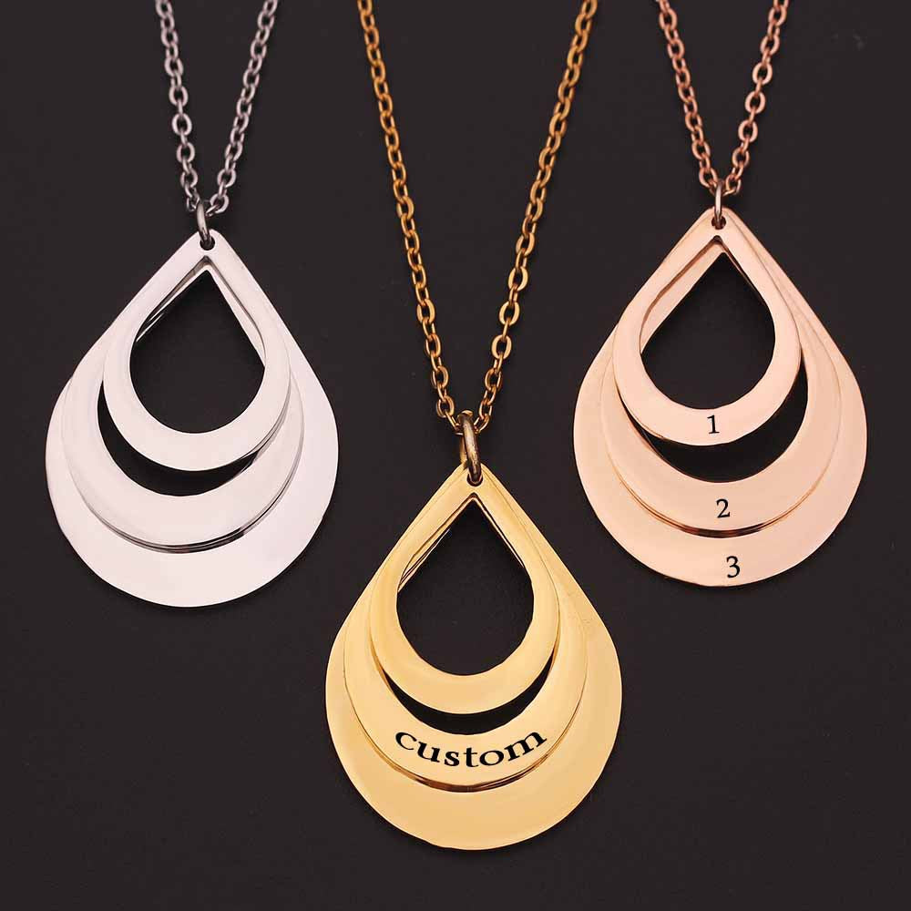 Personalized Family Necklaces Customized Engraved 3 Names Water Drop Pendant is