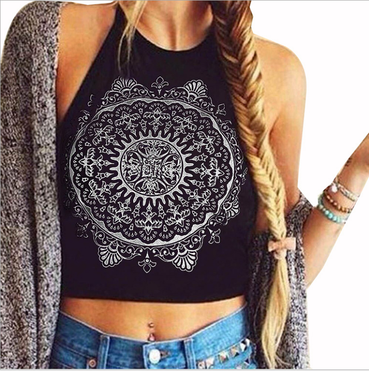 Women's Halter   Round Neck Suspender Seven-point Print Tank Top