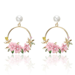 Trendy Cute Pink Flower Earrings For Women Girls Jewelry Female Rhinestone Gold Metal Round Circle Earrings Gift
