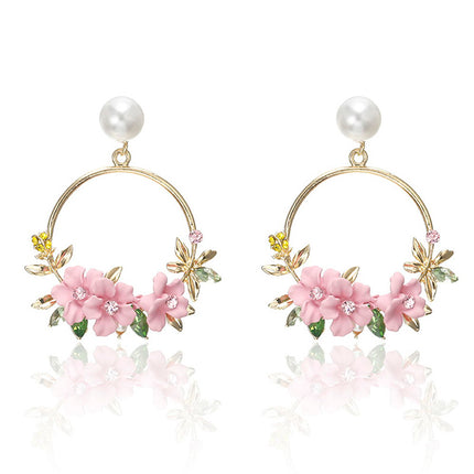 Trendy Cute Pink Flower Earrings For Women Girls Jewelry Female Rhinestone Gold Metal Round Circle Earrings Gift