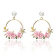 Trendy Cute Pink Flower Earrings For Women Girls Jewelry Female Rhinestone Gold Metal Round Circle Earrings Gift