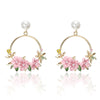 Trendy Cute Pink Flower Earrings For Women Girls Jewelry Female Rhinestone Gold Metal Round Circle Earrings Gift