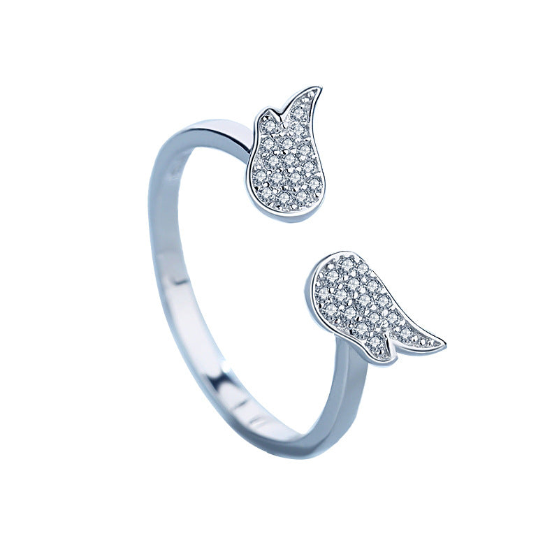 Fashion Sweet Diamond Angel Wing Silver Ring