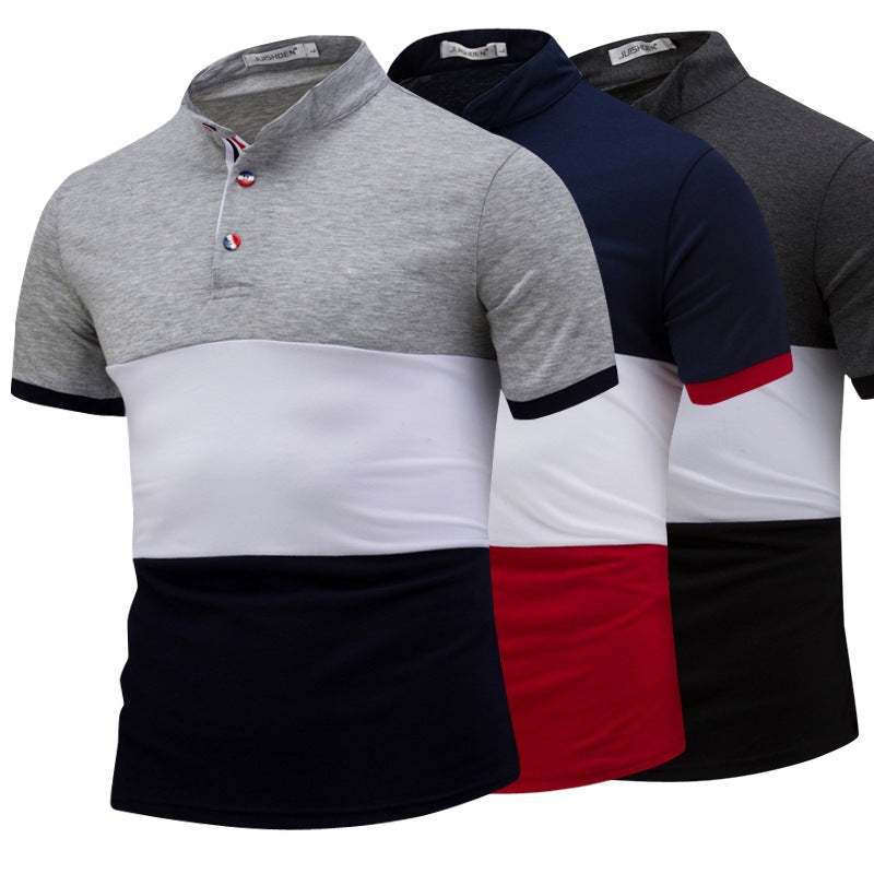 Colorblock stand collar short sleeve T-shirt polo