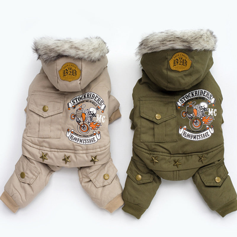Pet dog clothes dog clothing direct wholesale explosions foreign trade autumn and winter machine rider four-legged cotton coat