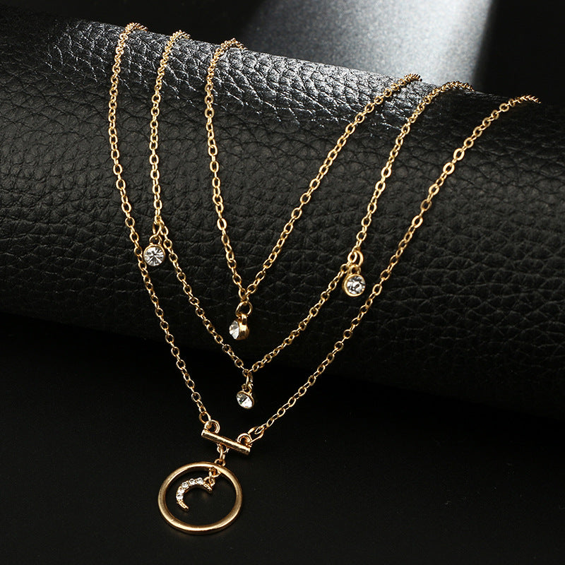 Alpscommerce Bohemian Antique Gold Circle Moon Rhinestone Pendant Chokers Necklaces Multi Layer Necklace Collar for Women Jewelry