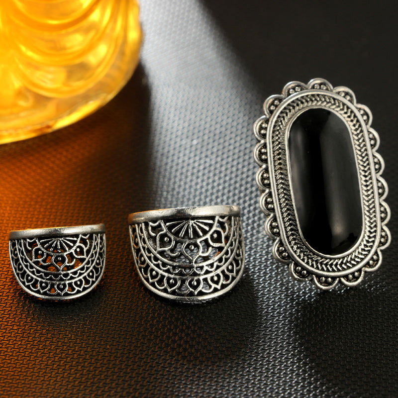 Hipster simple fashion black gem ring 3-piece set