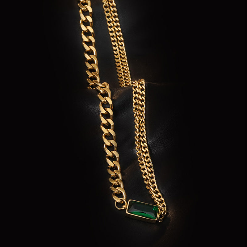 Multilayer golden green diamond necklace
