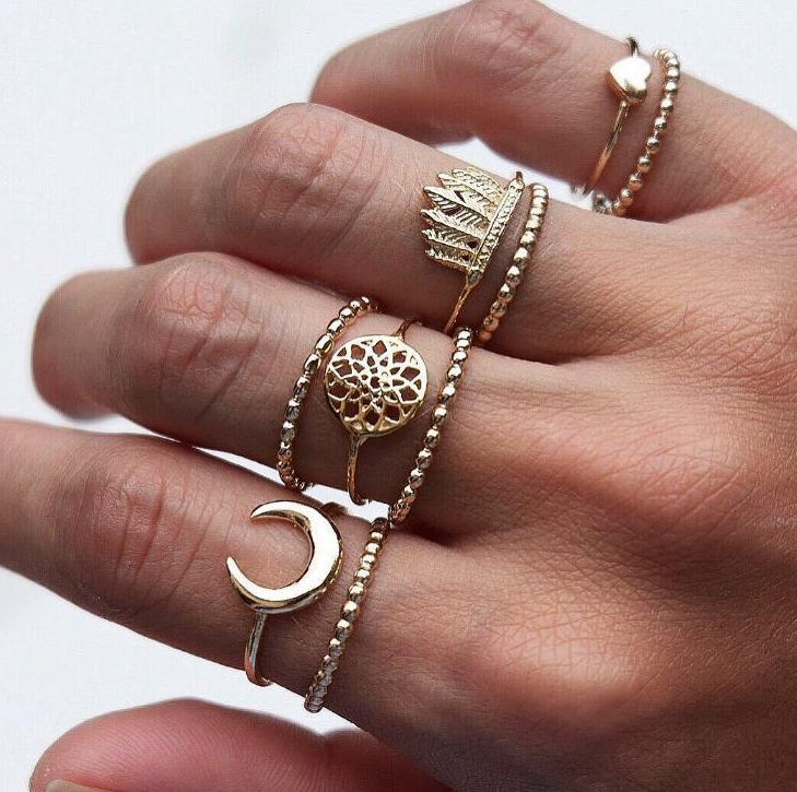 9PCS Midi Rings Set For Women Boho Detailed Metal Moon Feather Crown Dreamcatcher Knuckle Gold Color Ring Fashion Jewelry KB423