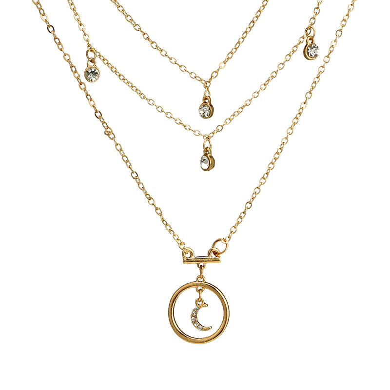Alpscommerce Bohemian Antique Gold Circle Moon Rhinestone Pendant Chokers Necklaces Multi Layer Necklace Collar for Women Jewelry