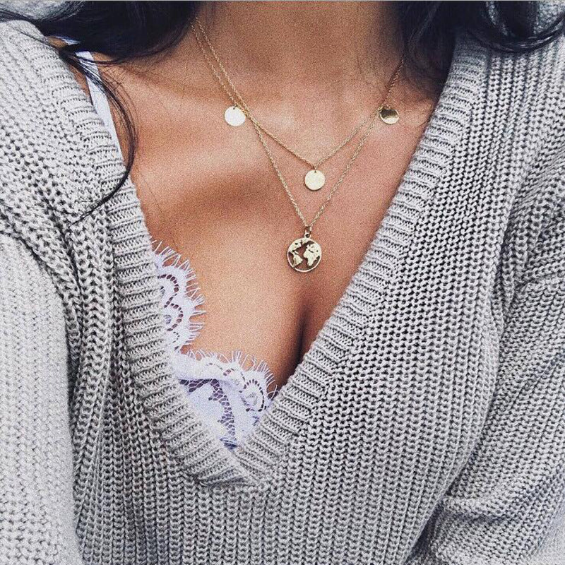 New women's wafer world map pendant necklace
